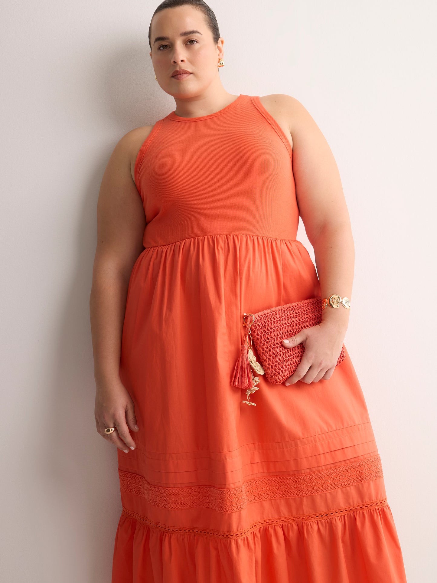 Sleeveless Shirred Tier Midi Dress