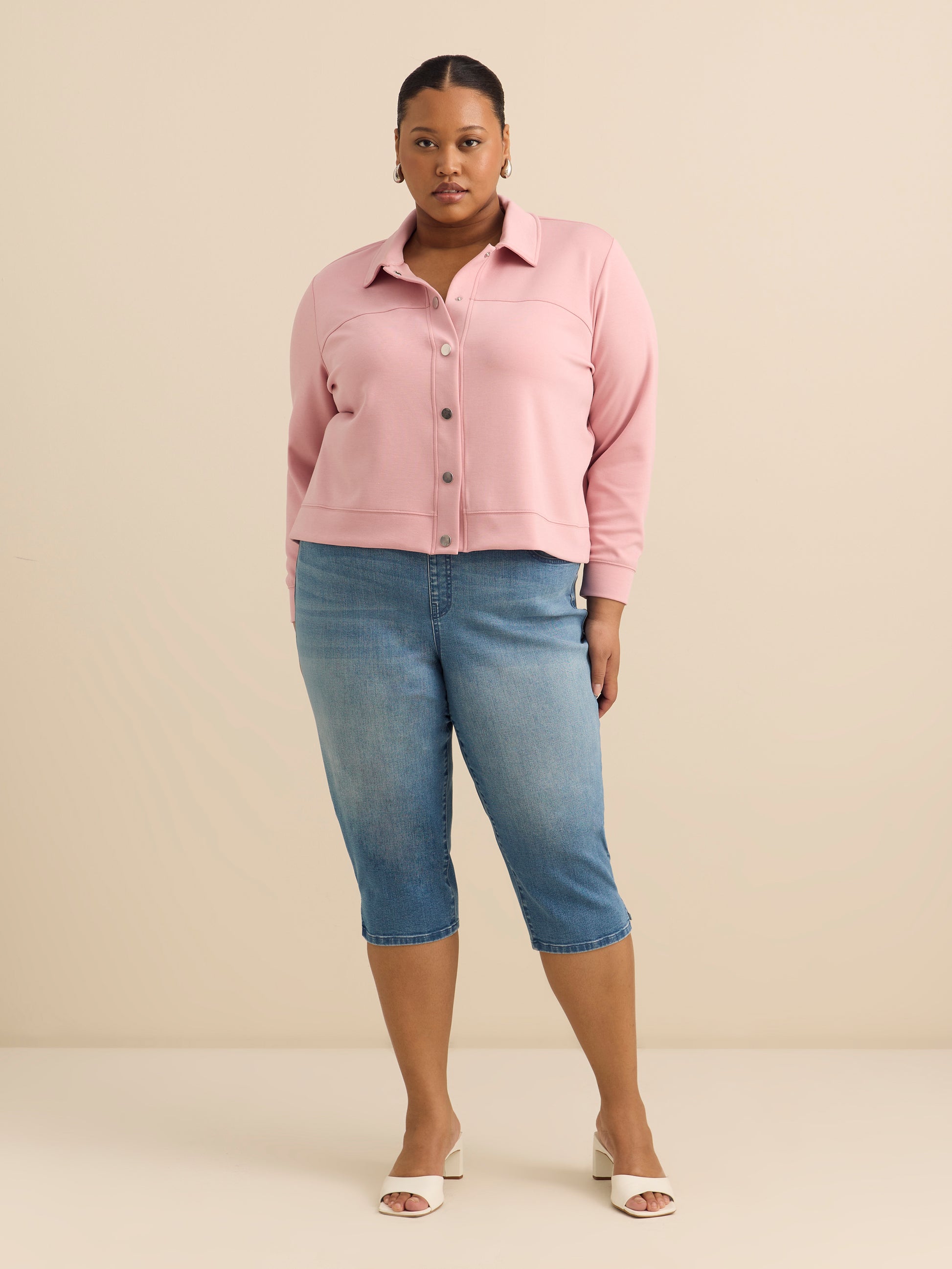 Neoprene Bomber Knit Top with Shirt Collar