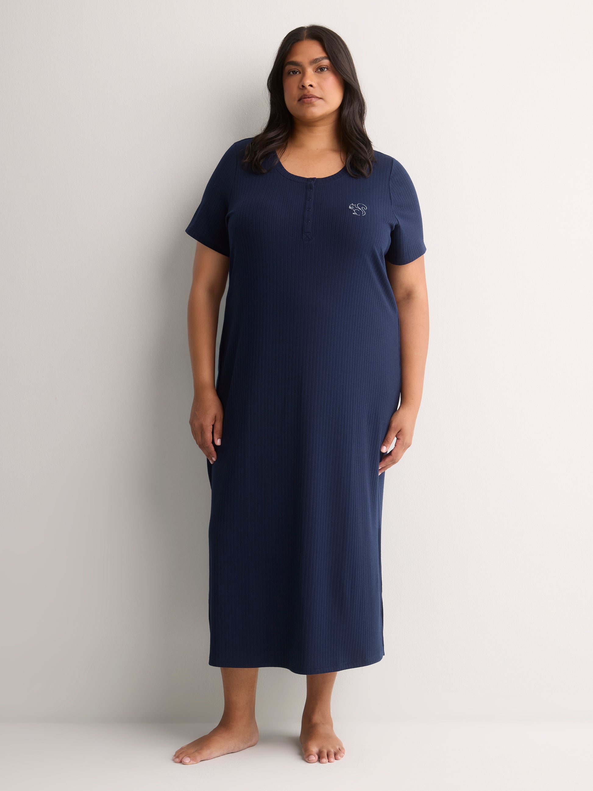 Blue Ribbed Long Short-Sleeve Sleepshirt - tiVOGLIO
