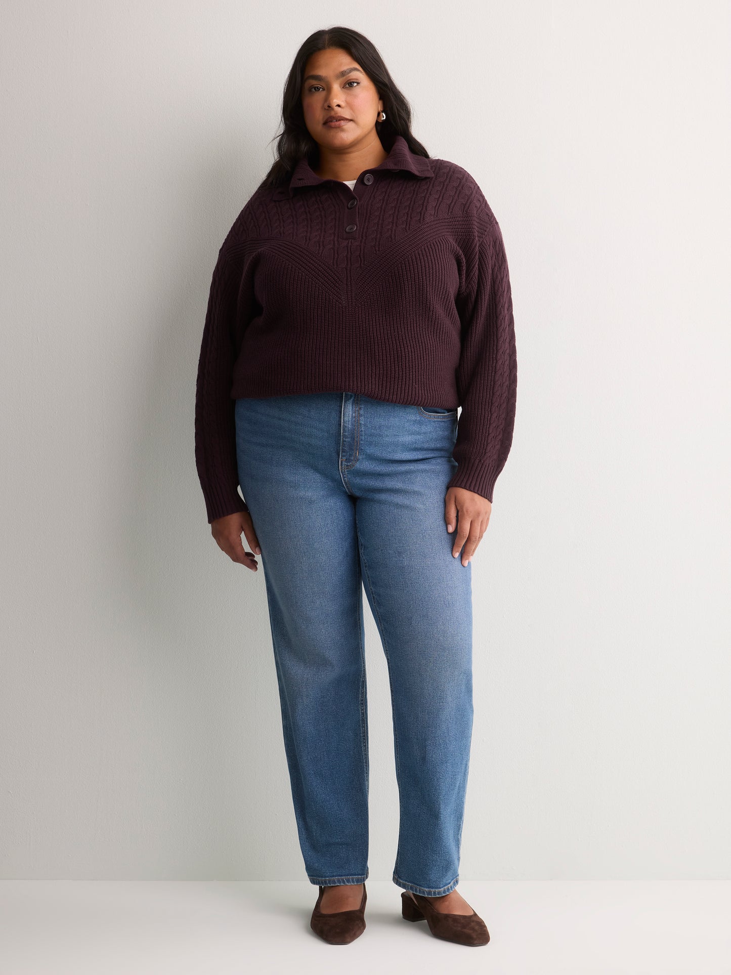 Loose Half-Placket Cable Knit Sweater