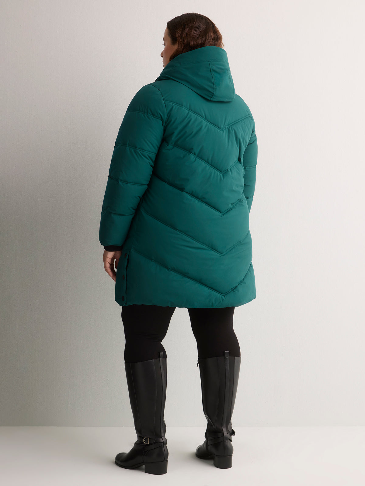 Black Hooded Knee-Length Stretch Puffer Jacket