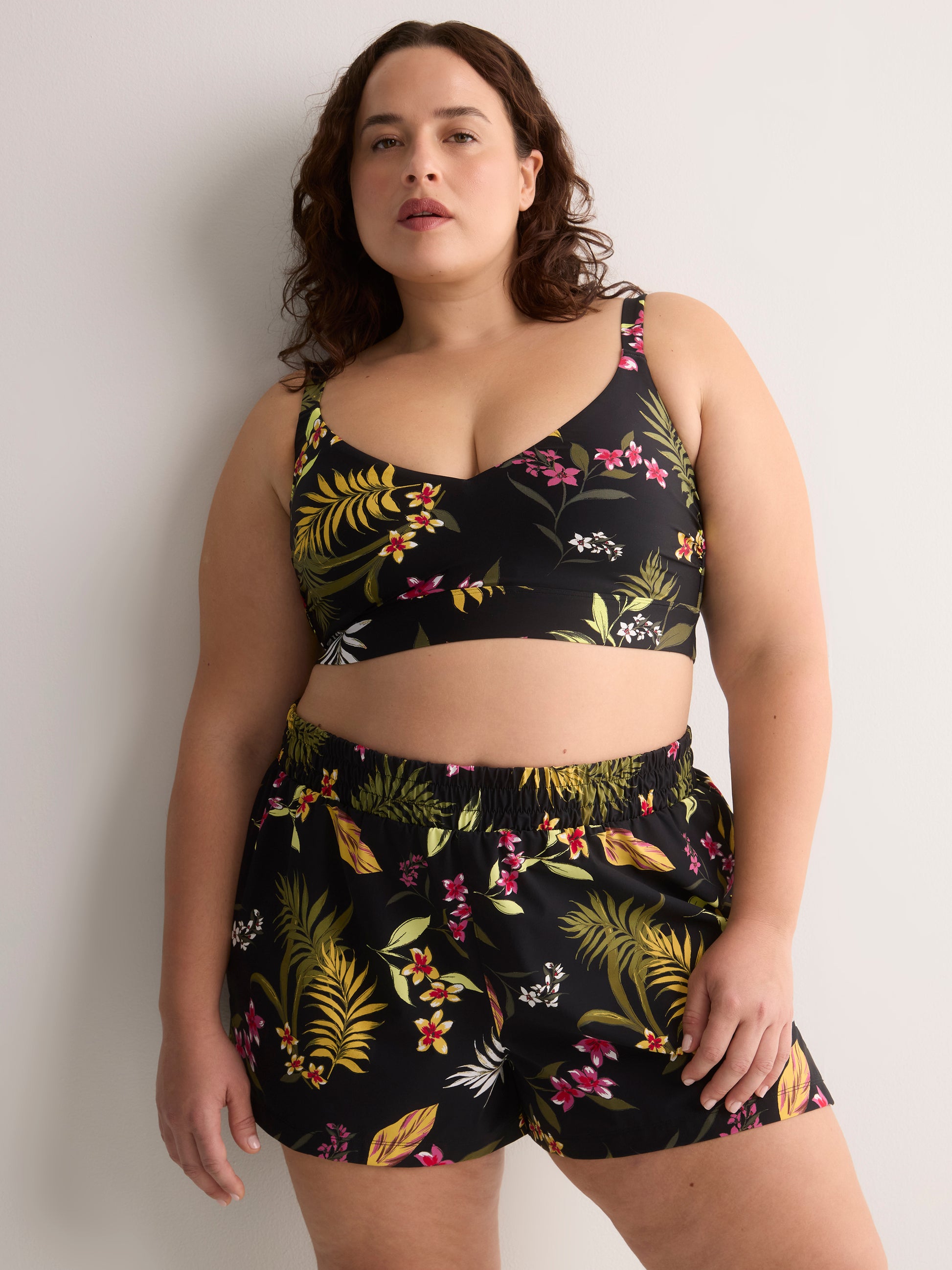 Black Floral Mid-Rise Flared Swim Short