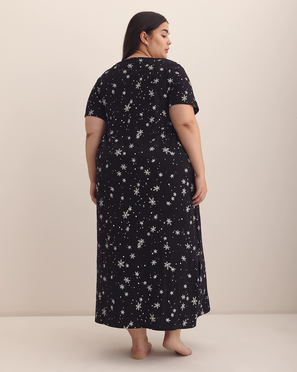 Black Snowflake-Print Long Short-Sleeve Sleepshirt - ti Voglio