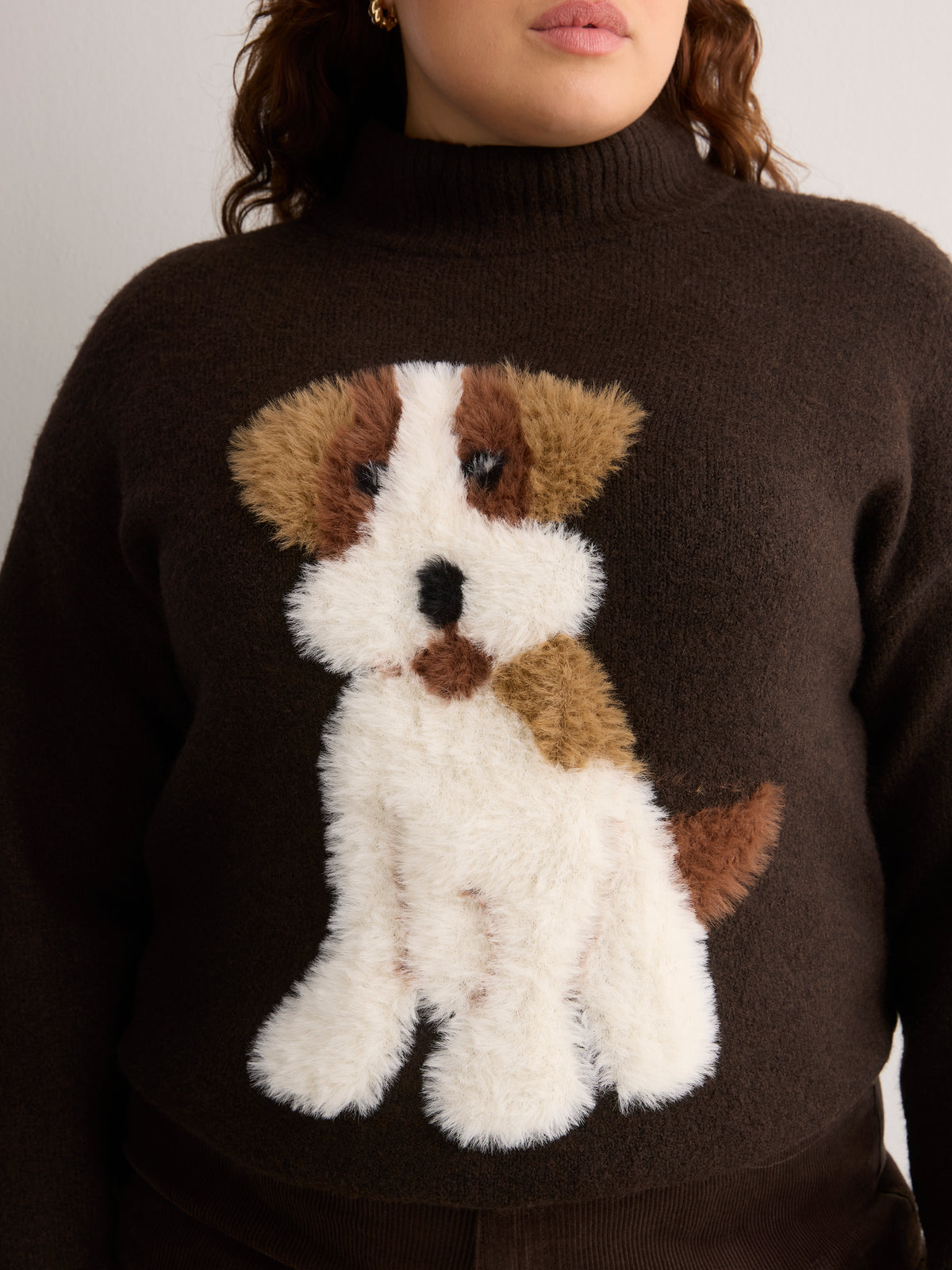 Loose-Fit Mock-Neck Hairy Cat Print Sweater