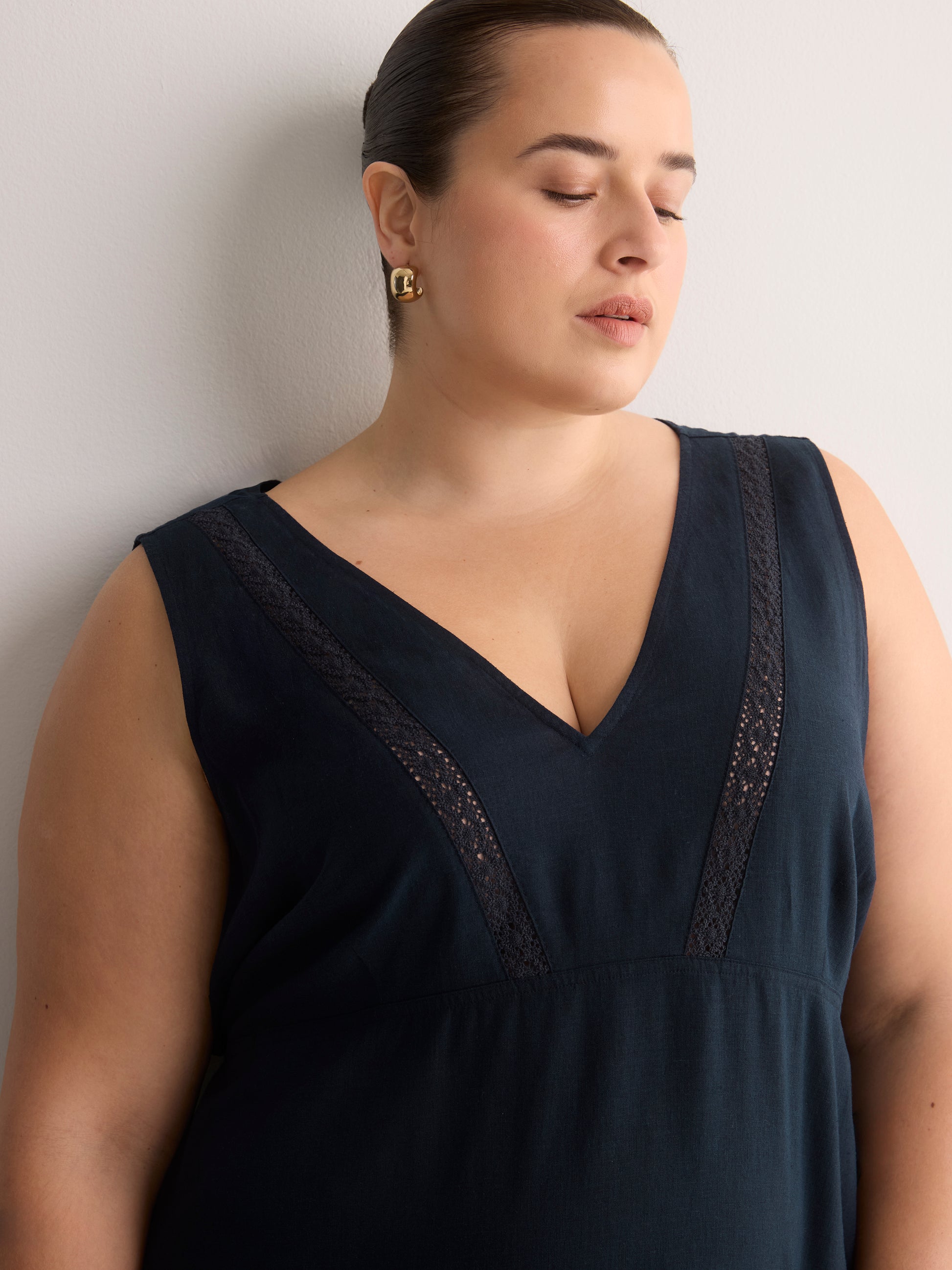 Linen Blend V-Neck Swing Dress with Crochet Tape