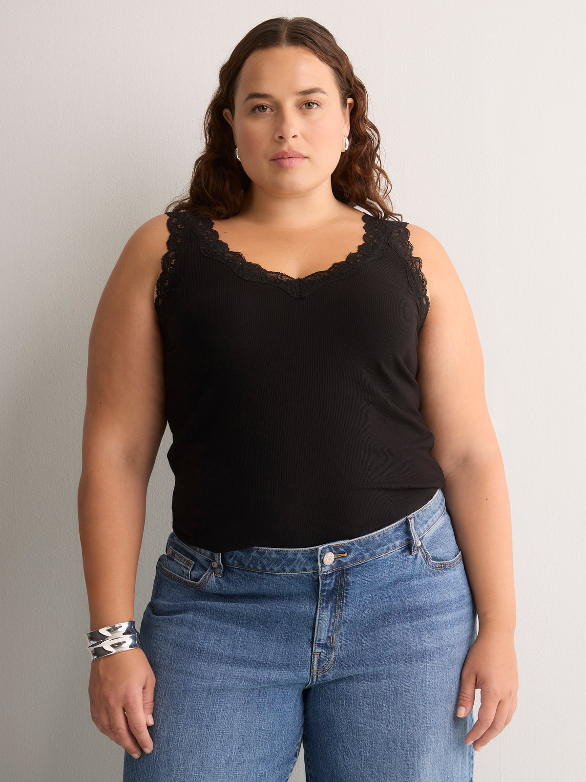 Responsible, Straight V-Neck Ribbed Cami with Lace Trim