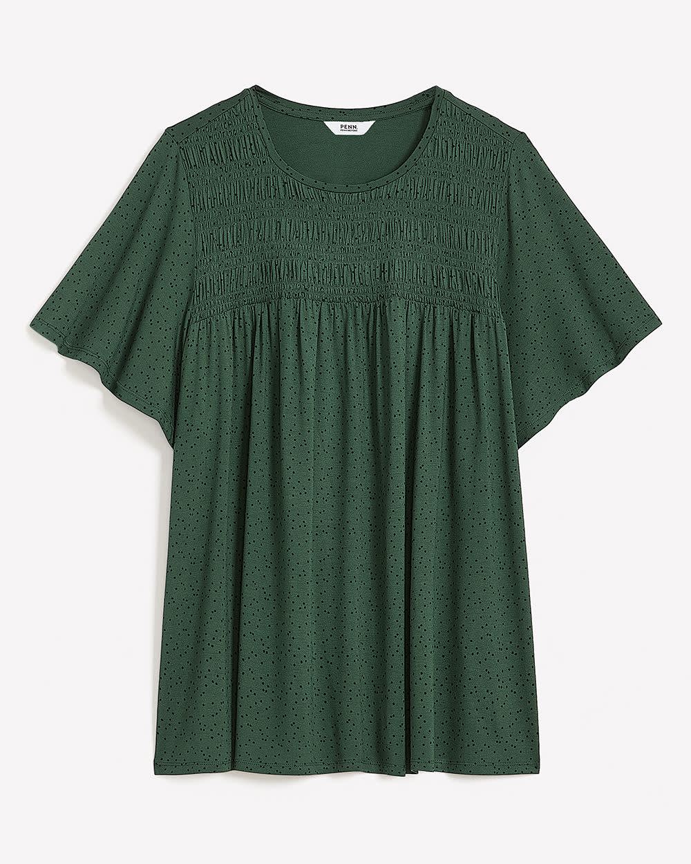Flutter-Sleeve Knit Top with Smocked Detail