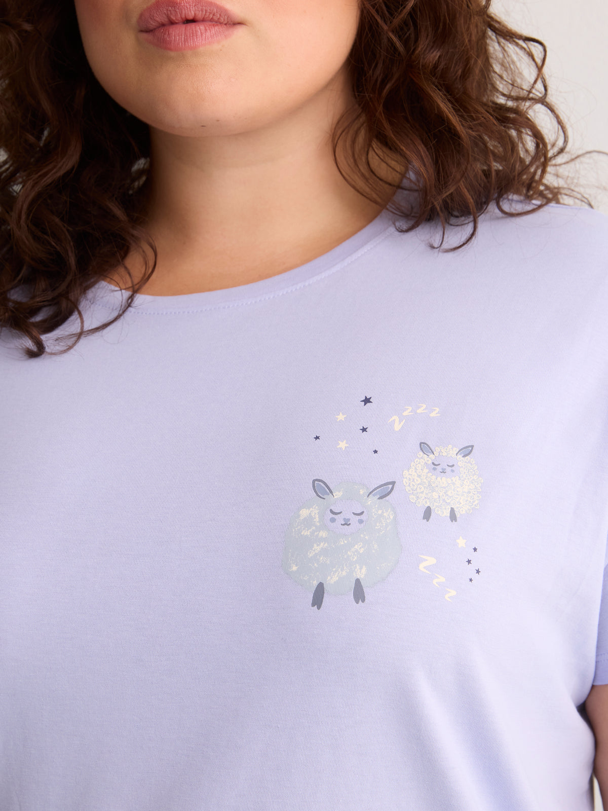 Blue Boxy-Fit Cotton Knit Pyjama Top with Sheep Chest Print - tiVOGLIO