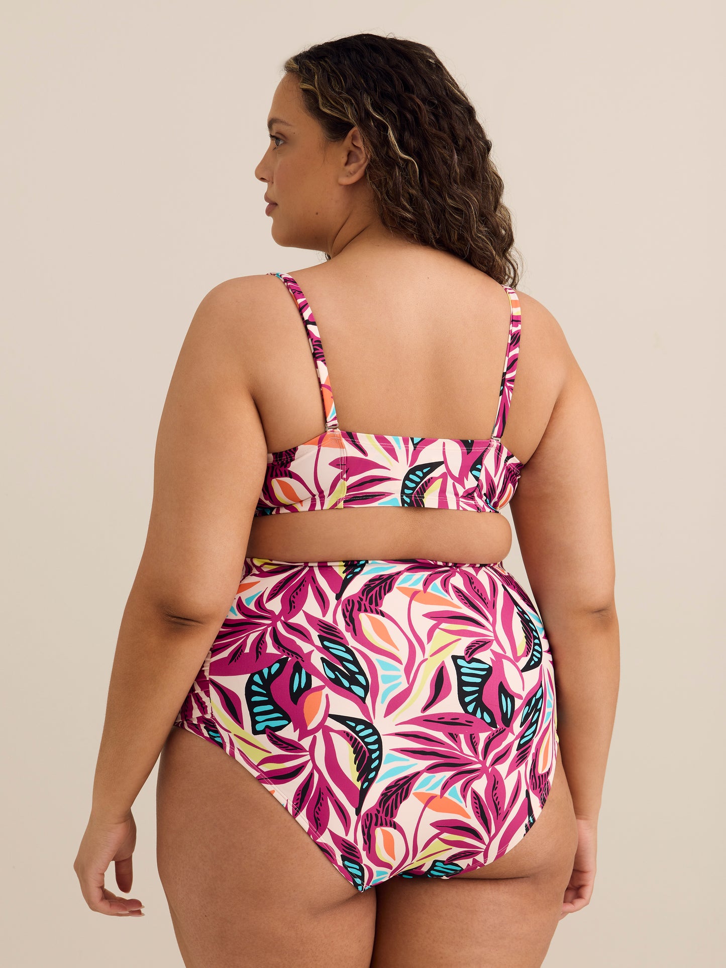 Coloured Foliage-Print Underwire Ruched Bikini Top