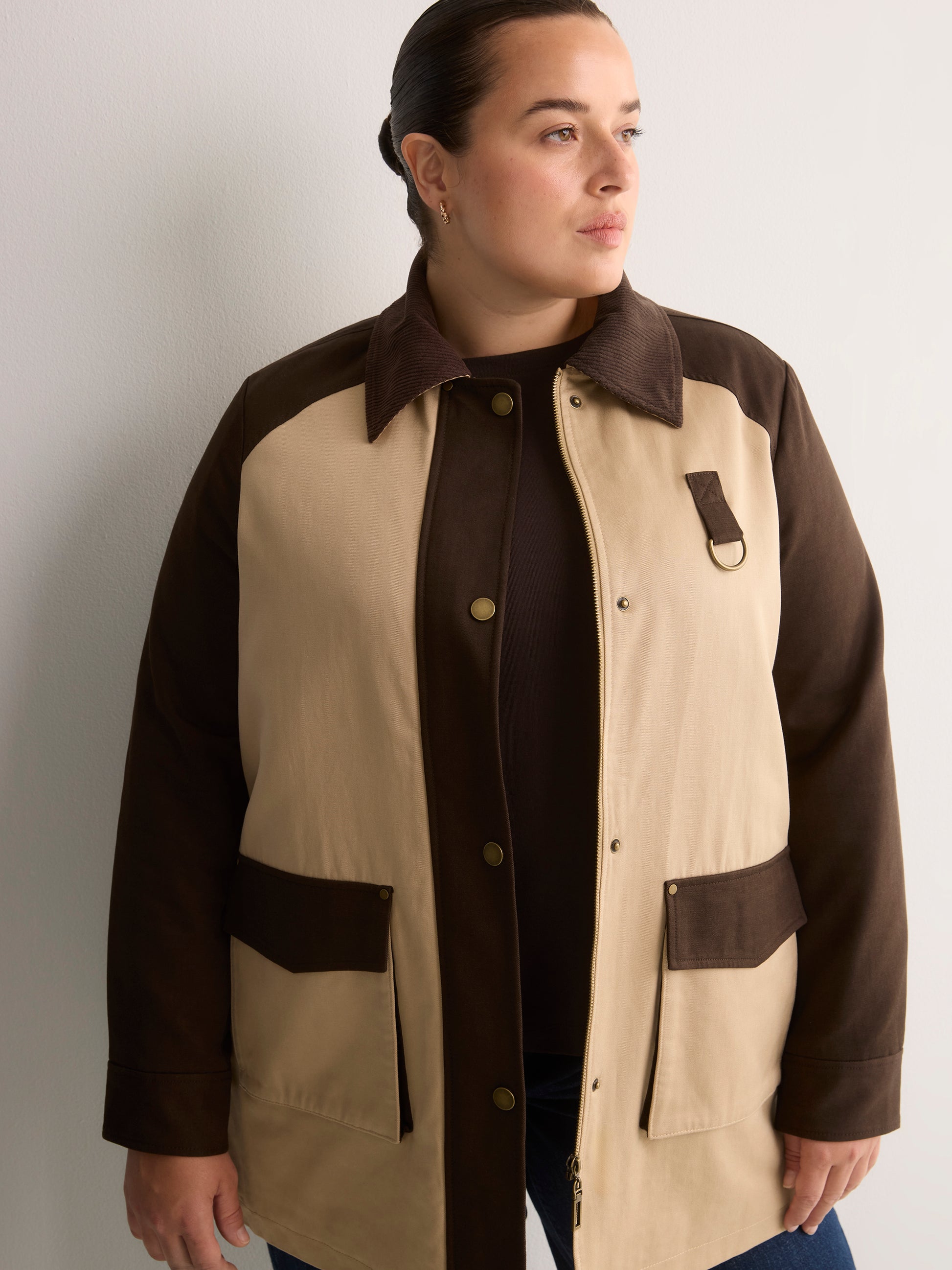 Long Two-Tone Barn Jacket with Corduroy Collar