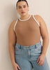 Fitted Halter-Neck Rib Knit Tank Top with Contrast Binding