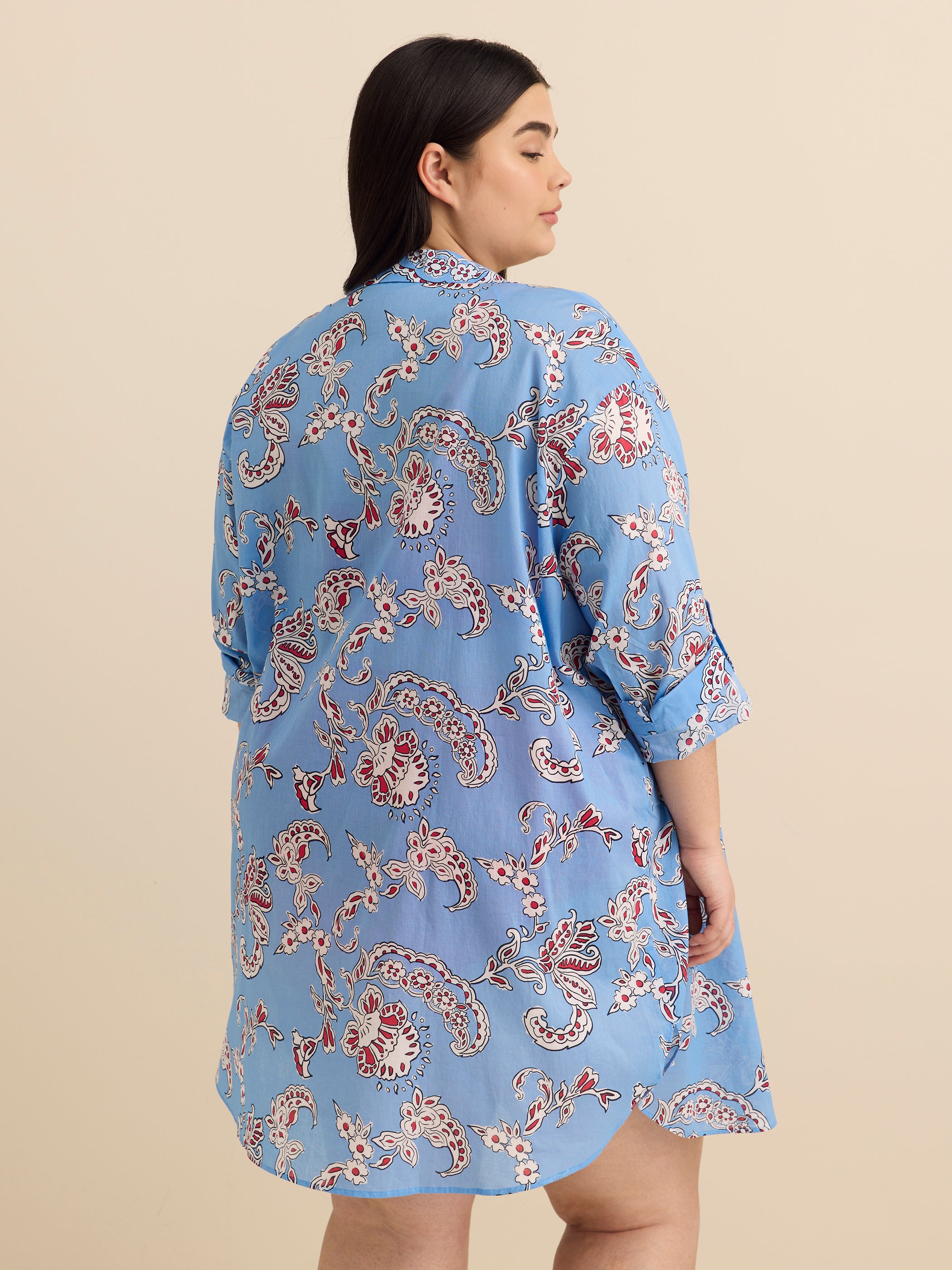 Blue Paisley-Print Buttoned-Down Cover-Up Tunic Shirt