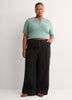 Straight Elbow-Sleeve Ribbed Knit Henley Top
