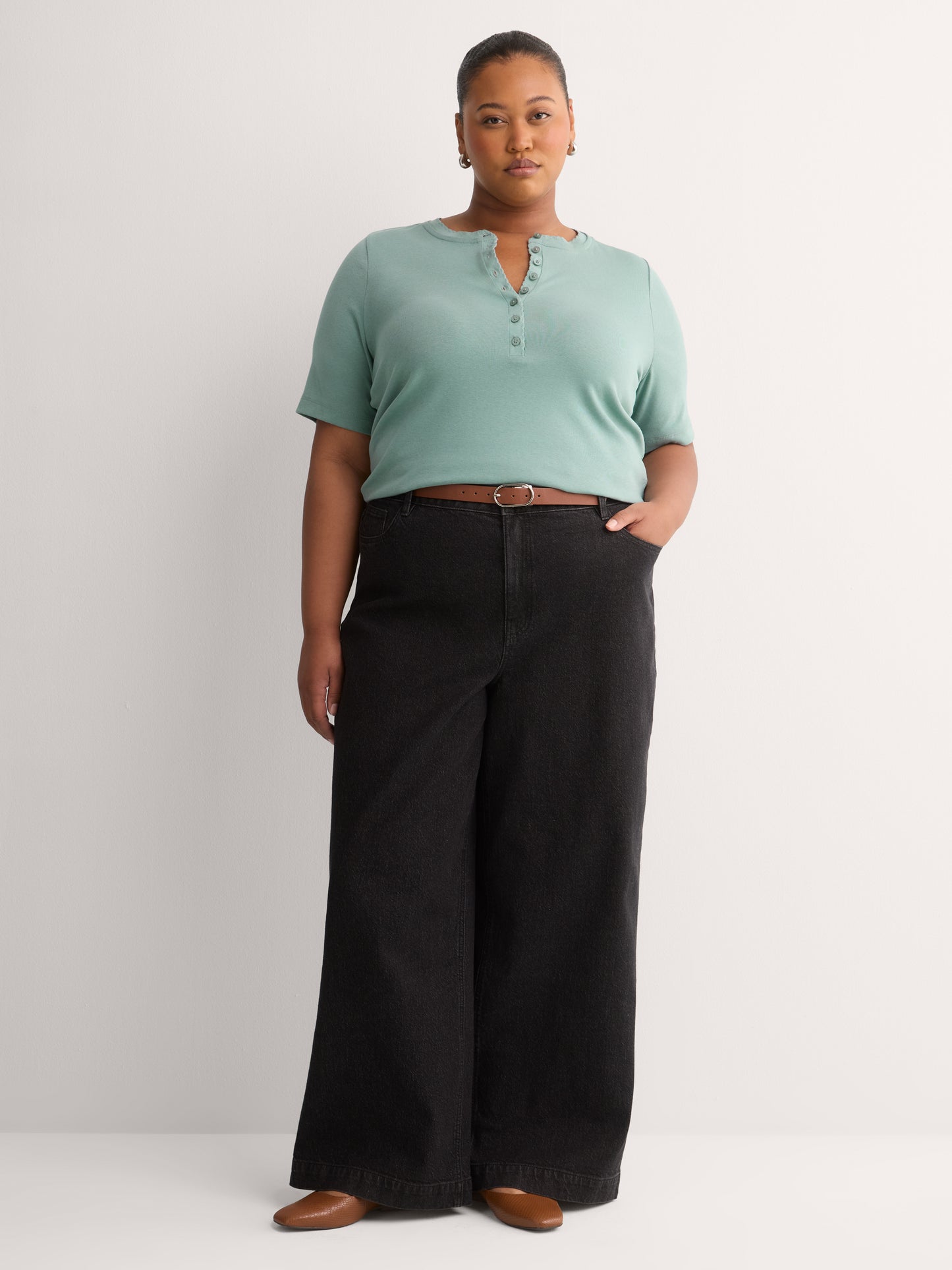 Straight Elbow-Sleeve Ribbed Knit Henley Top