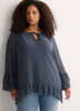 Split-Neck Long Flounce Sleeve Asymmetrical Blouse