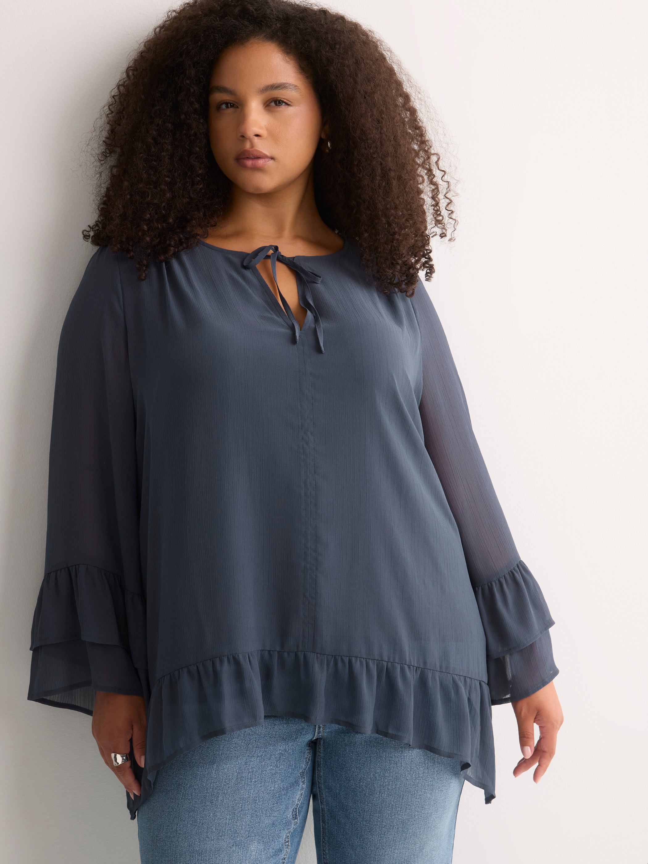 Split-Neck Long Flounce Sleeve Asymmetrical Blouse