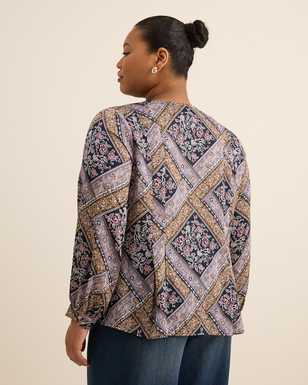 Blouse plissée évasée à manches longues avec motif courtepointe