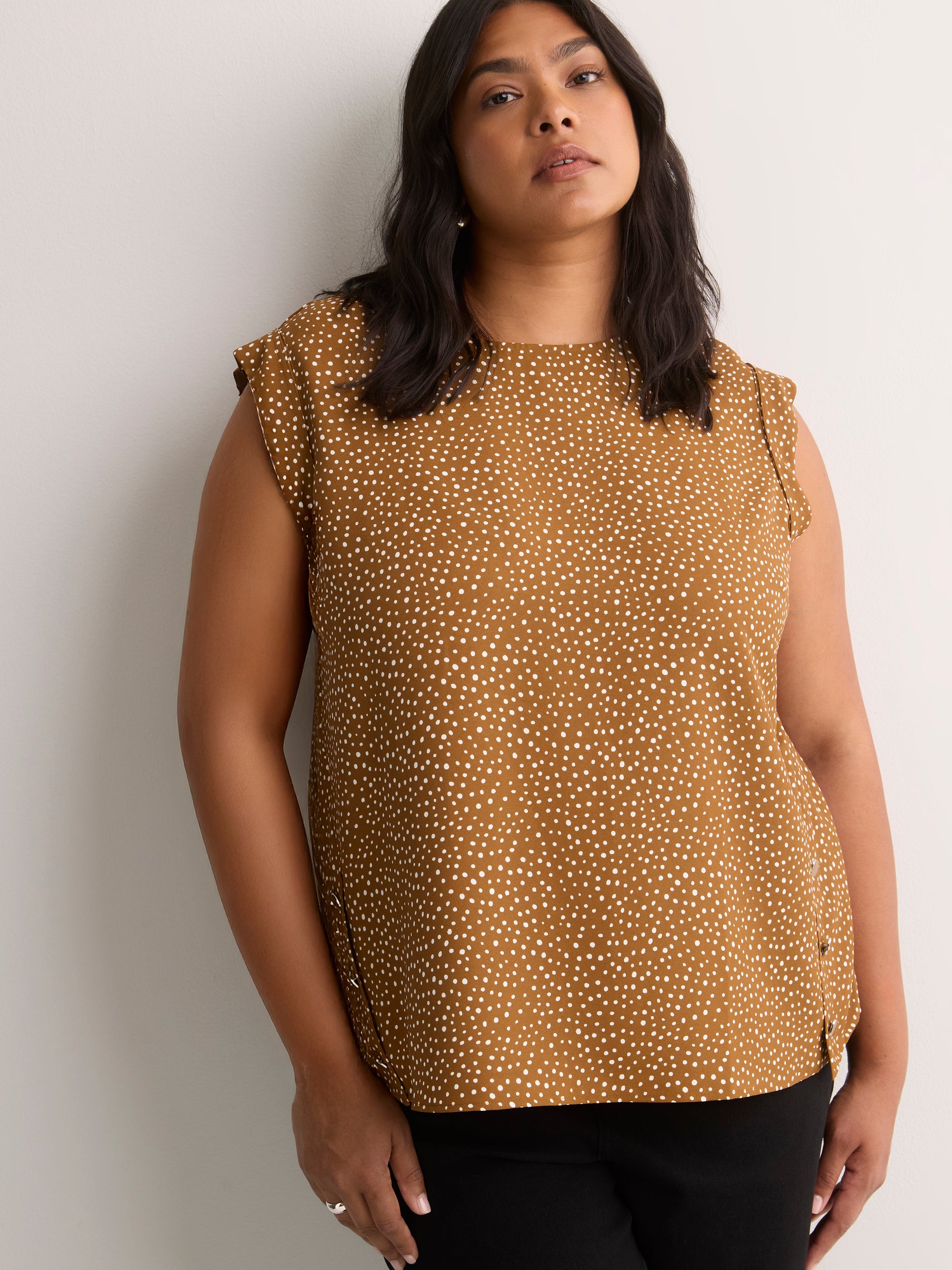 Responsible, Straight Extended-Sleeve Silky Blouse with Decorative Buttons