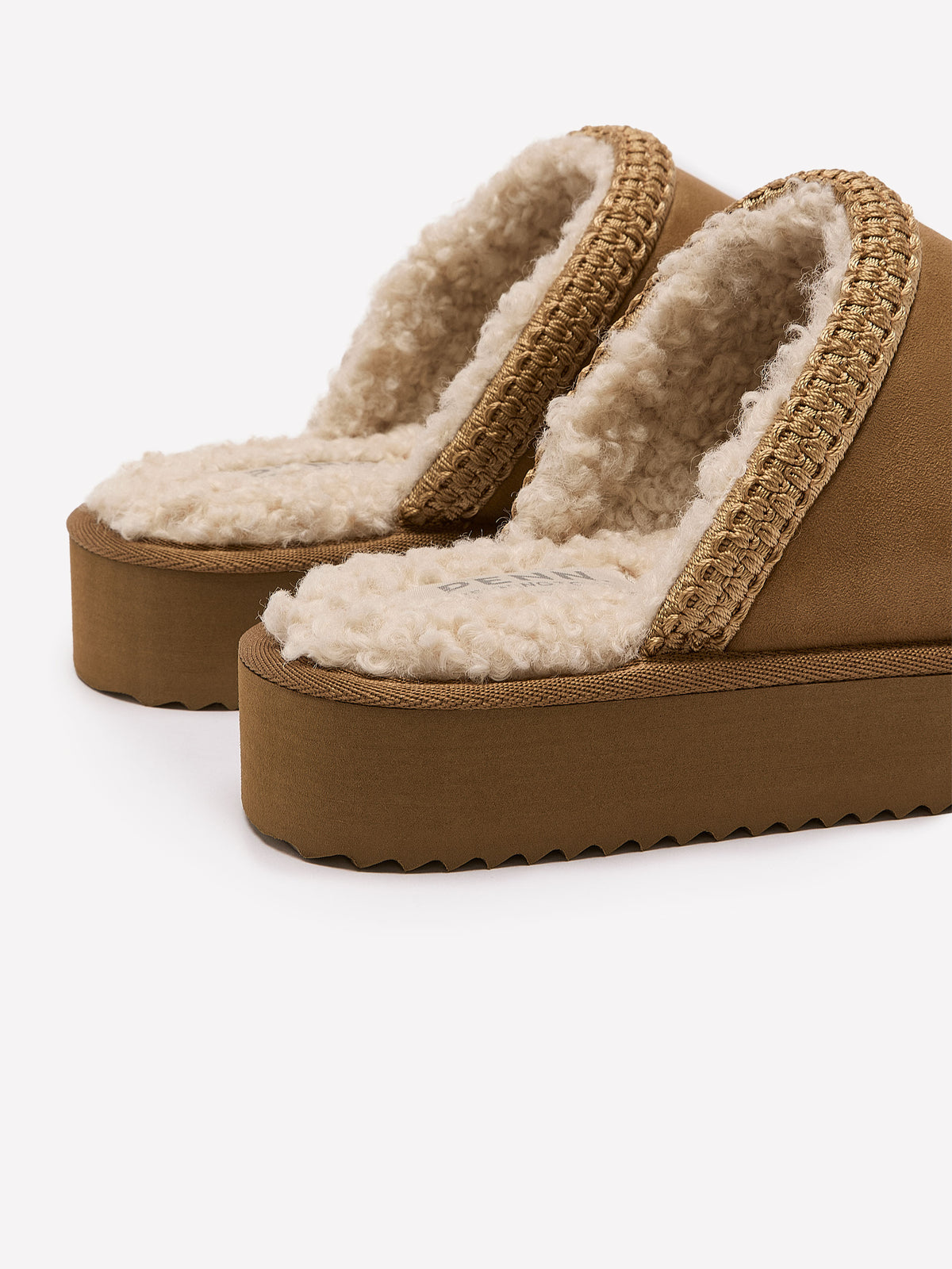 Wide Width, Microsuede Flat Platform Slippers with Faux-Fur Lining