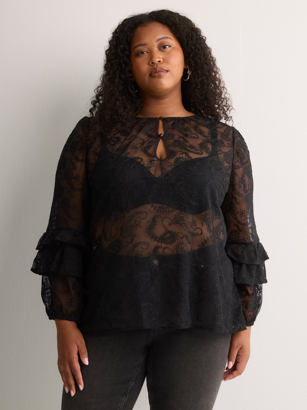 A-Line Mesh Blouse with Front Keyholes
