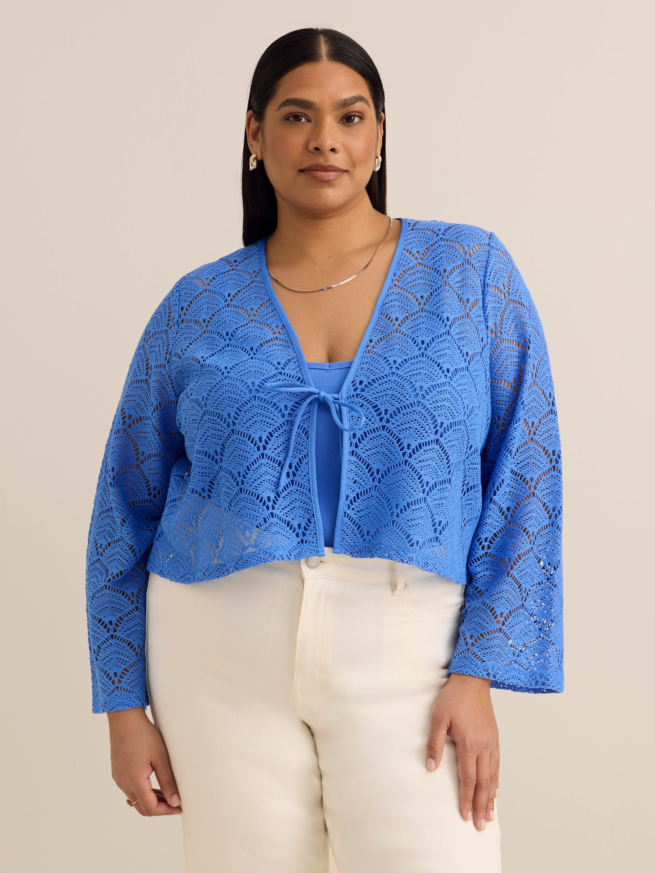 Tie-Front Bell-Sleeve Crochet Cardigan