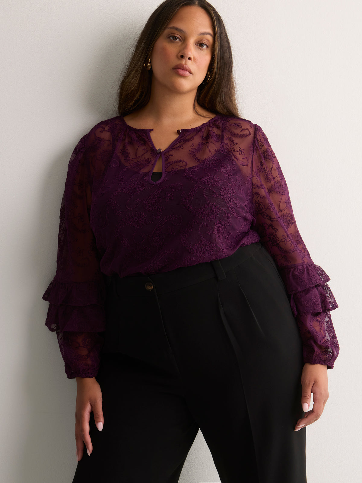 A-Line Mesh Blouse with Front Keyholes
