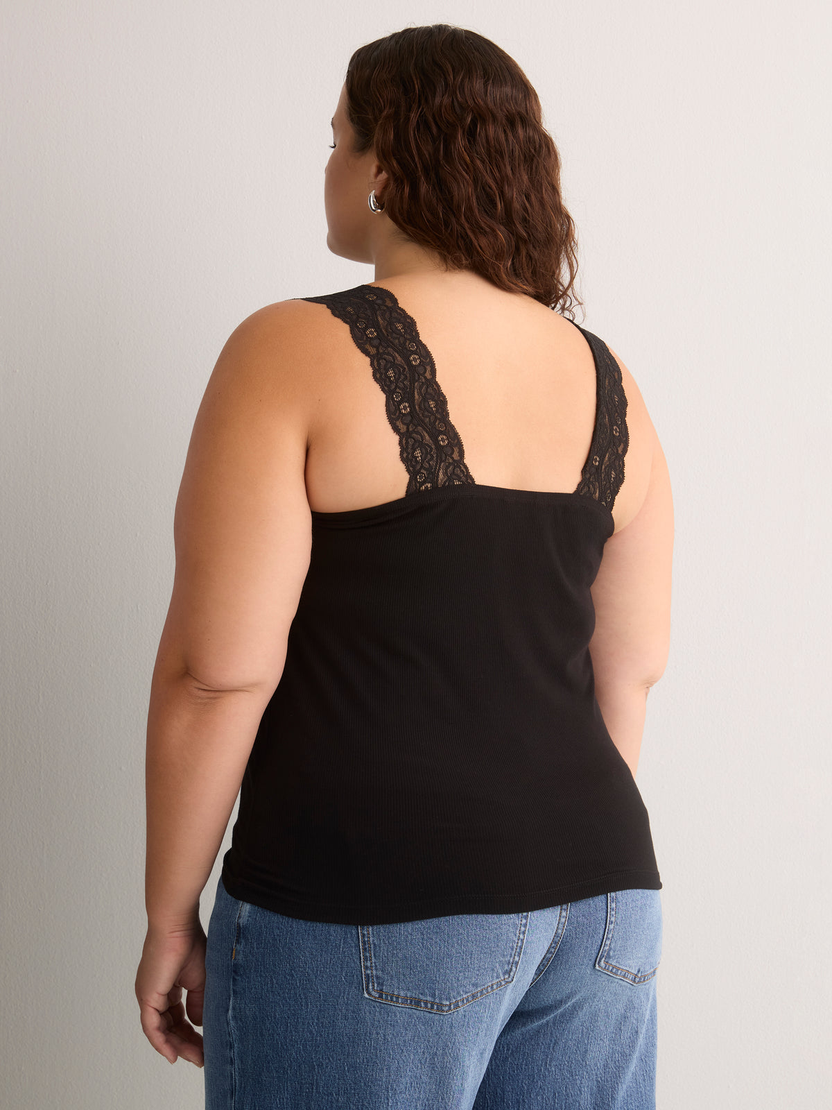 Responsible, Straight V-Neck Ribbed Cami with Lace Trim