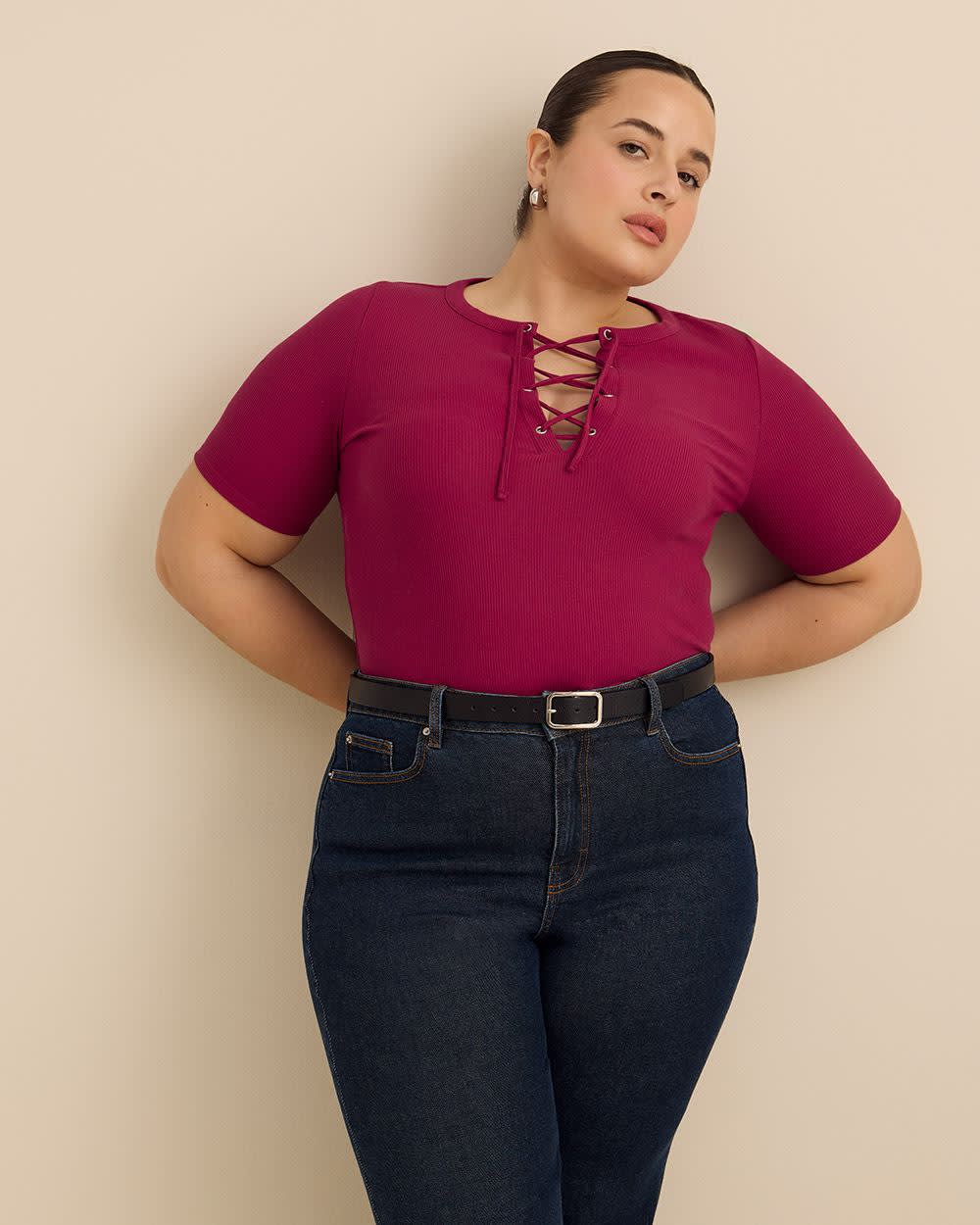 Elbow-Sleeve Top with Lace-Up Front Neckline