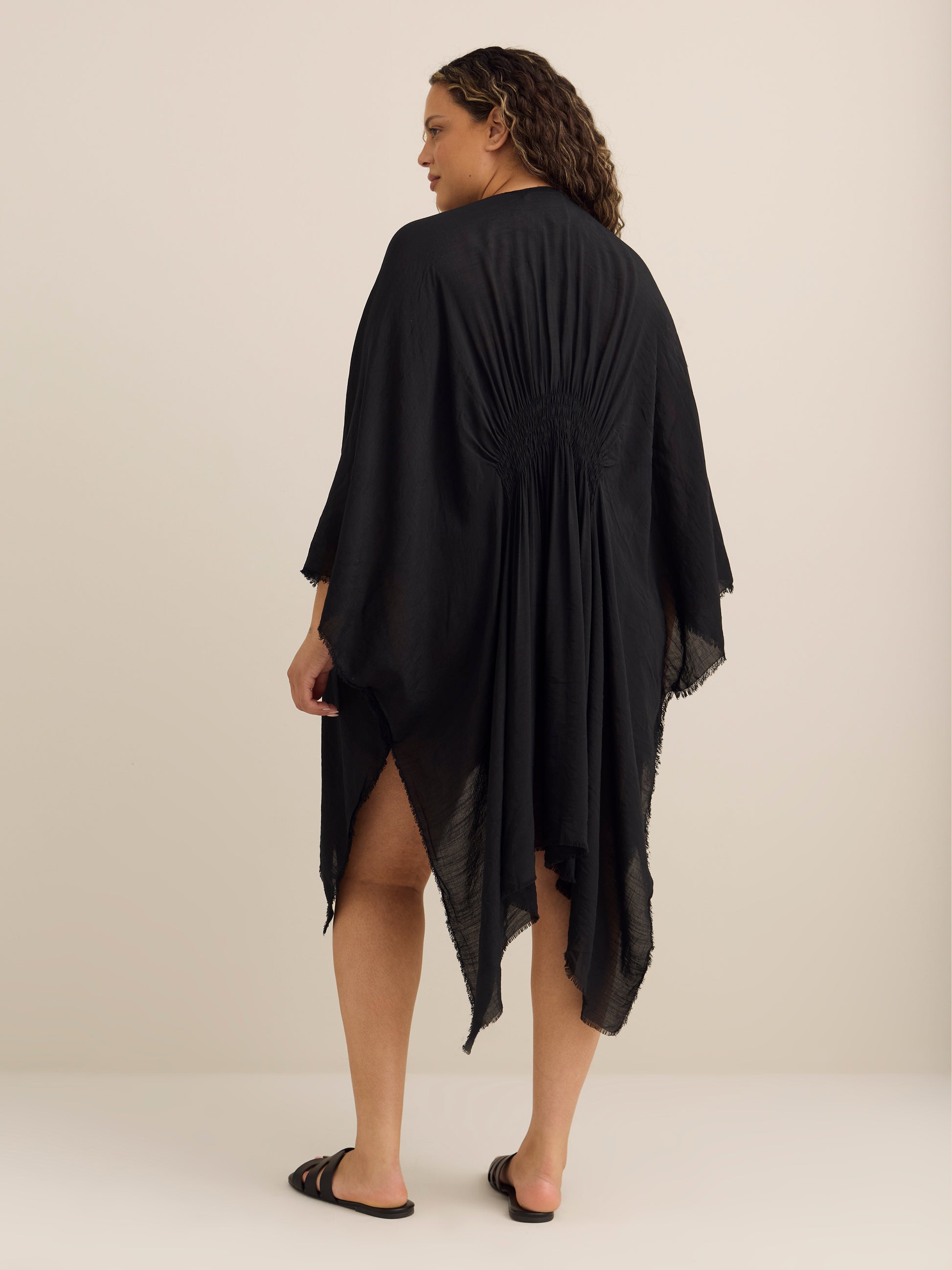 Long Black Knit Shawl Cape with Back Smocking