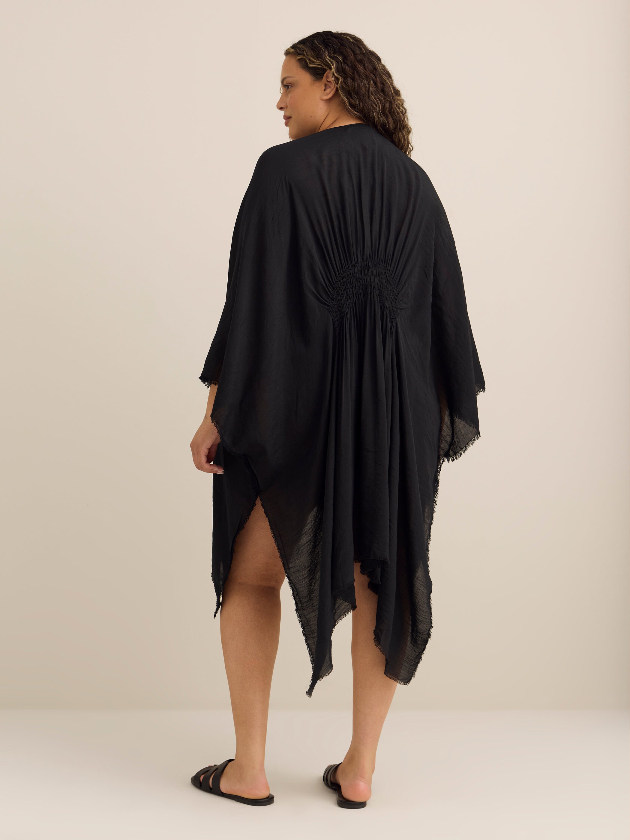 Long Black Knit Shawl Cape with Back Smocking