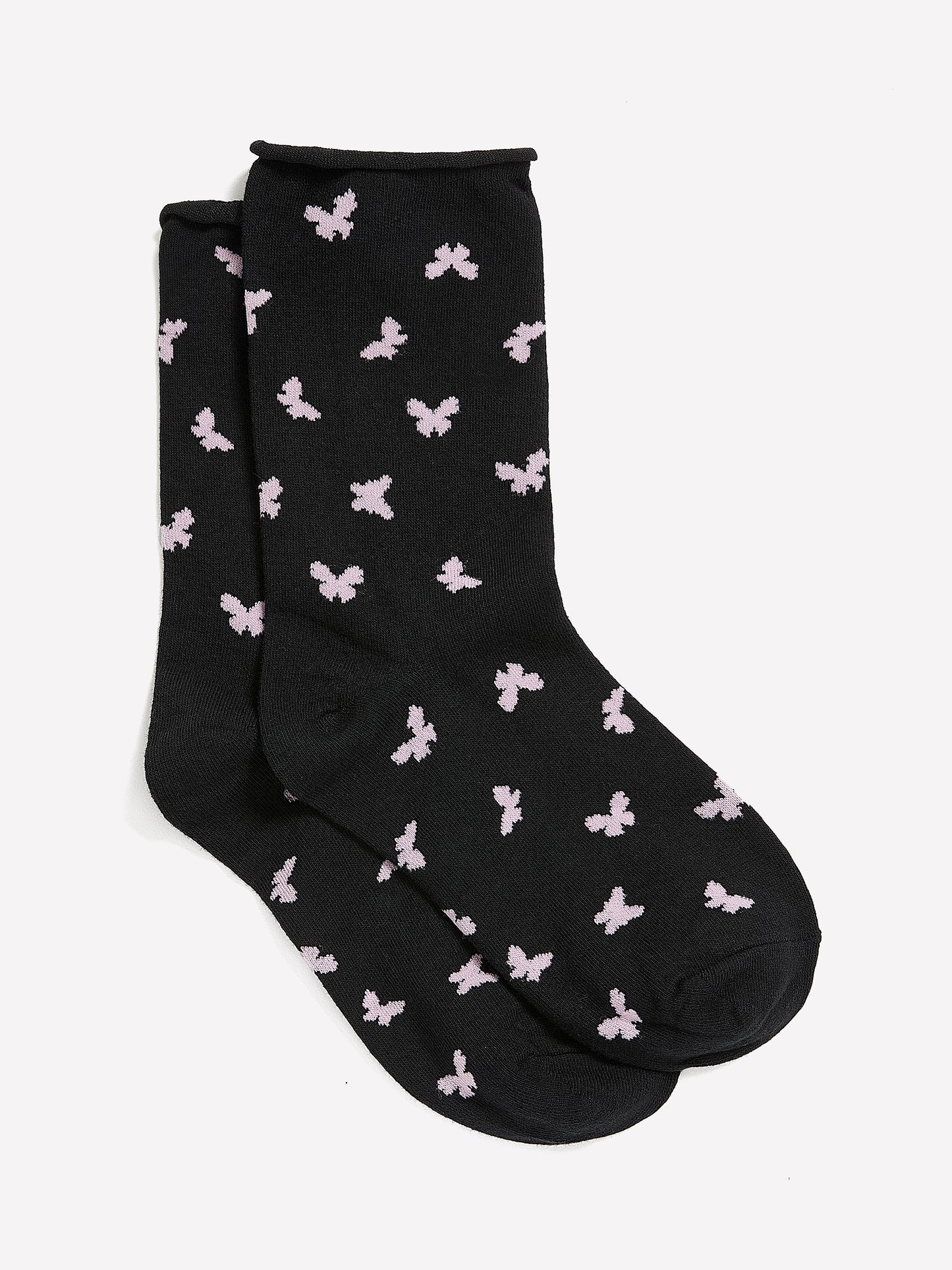 Chaussettes noires à motif de papillons avec rebord roulé