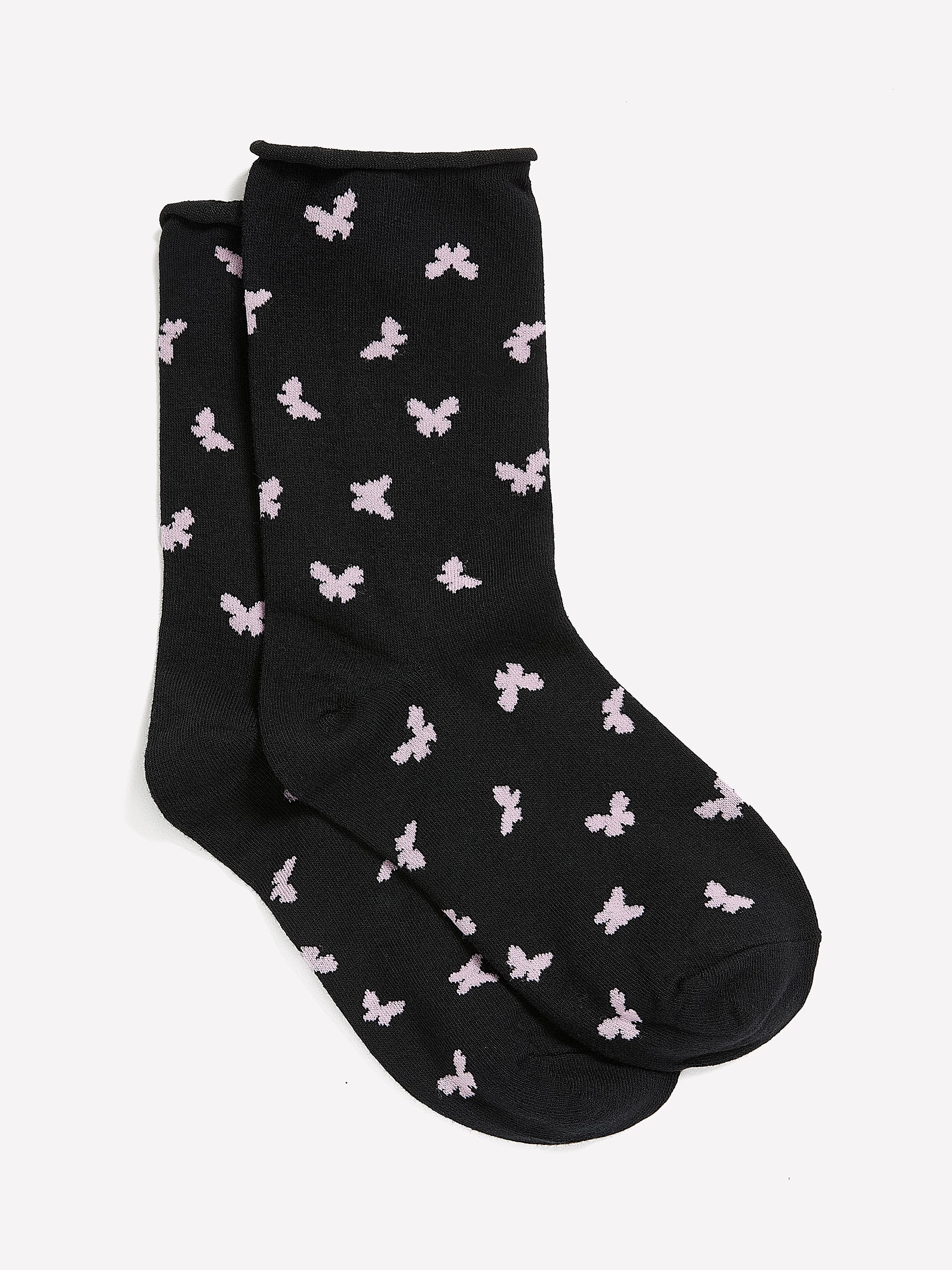 Black Butterfly-Print Crew Socks with Rolled Edge