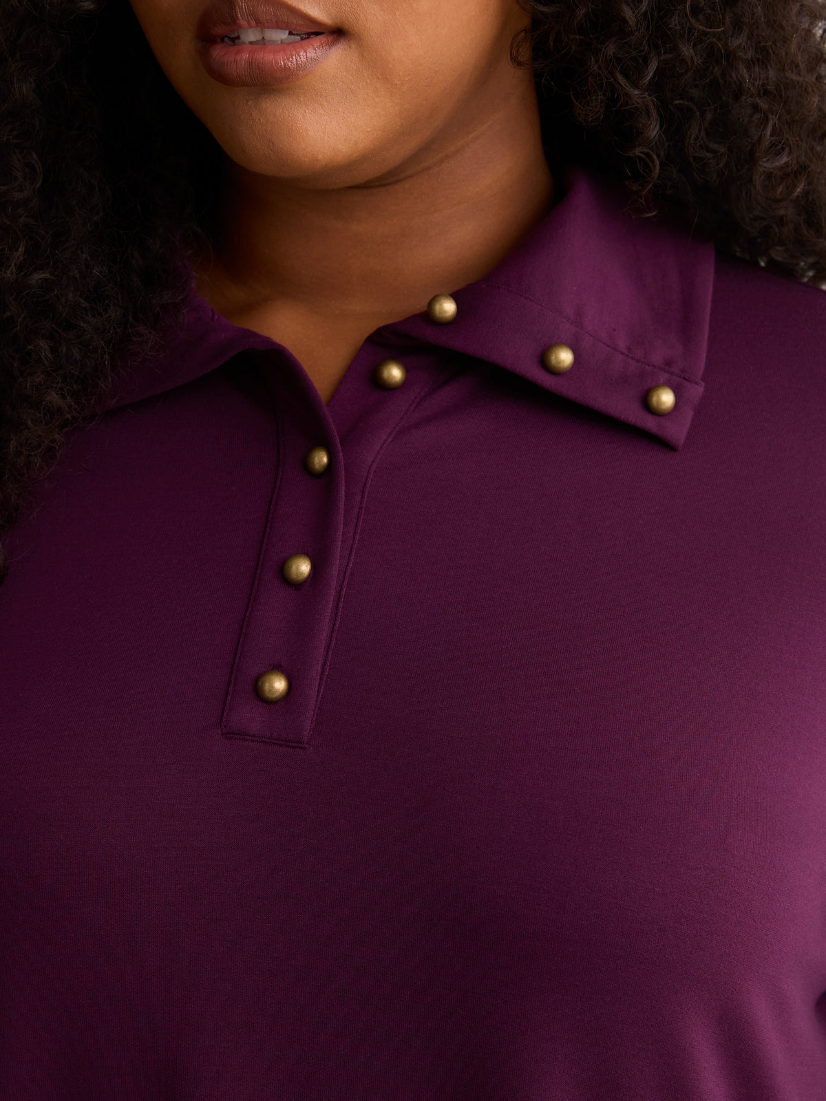 Loose French Terry Tunic Top with Buttoned Johnny Collar
