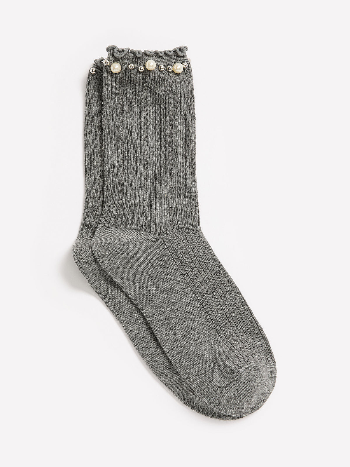 Textured Cotton Knit Crew Socks with Pearl and Rhinestone Lettuce Edge