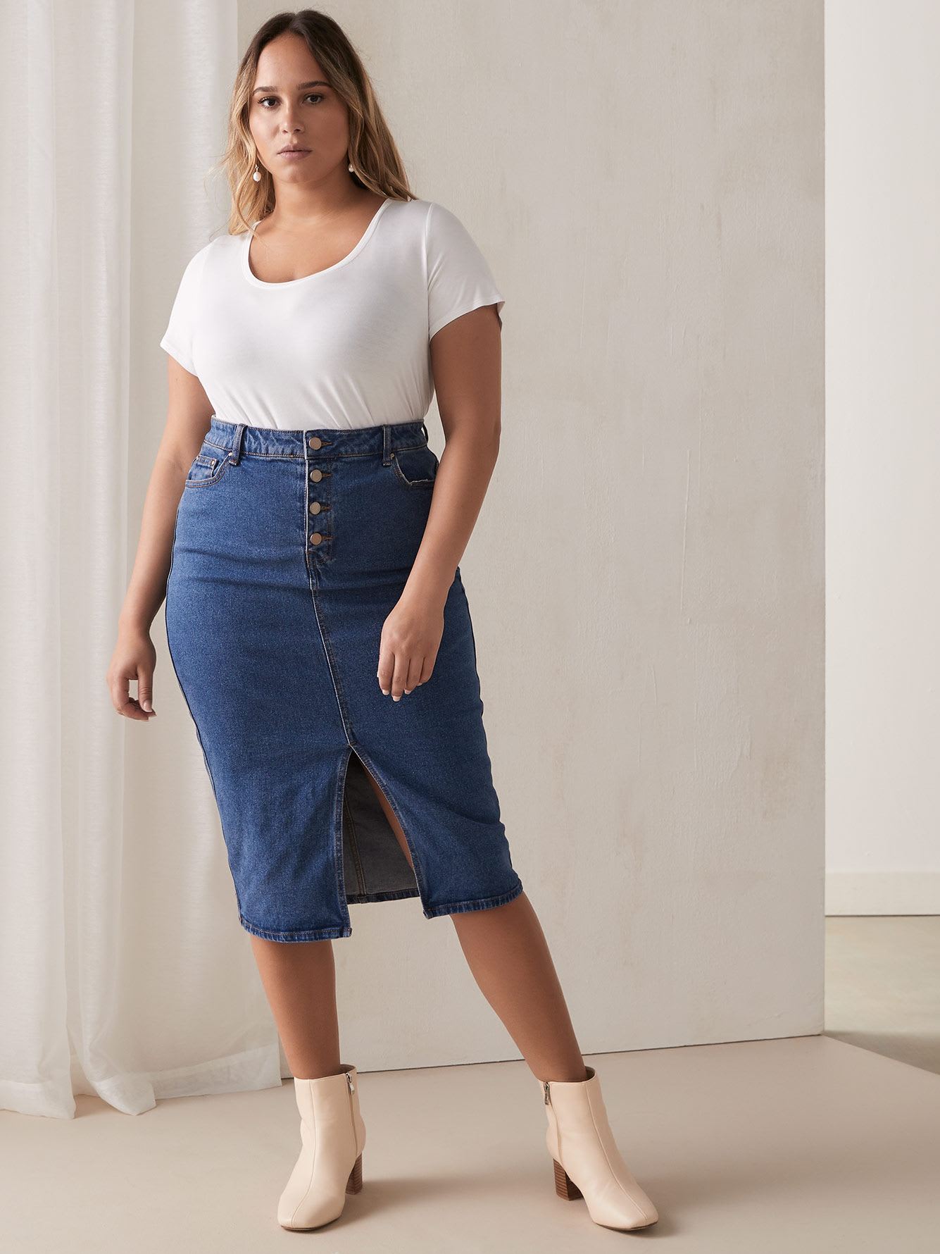Denim Pencil Skirt with Exposed Button-Fly - Lost Ink | Addition Elle