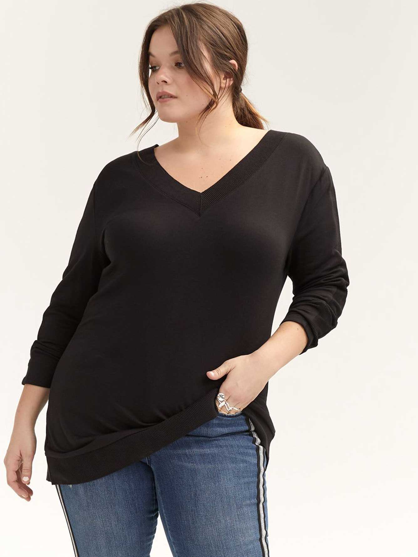 Relaxed V-Neck Sweatshirt with Ribbed Insert - L&L | Addition Elle