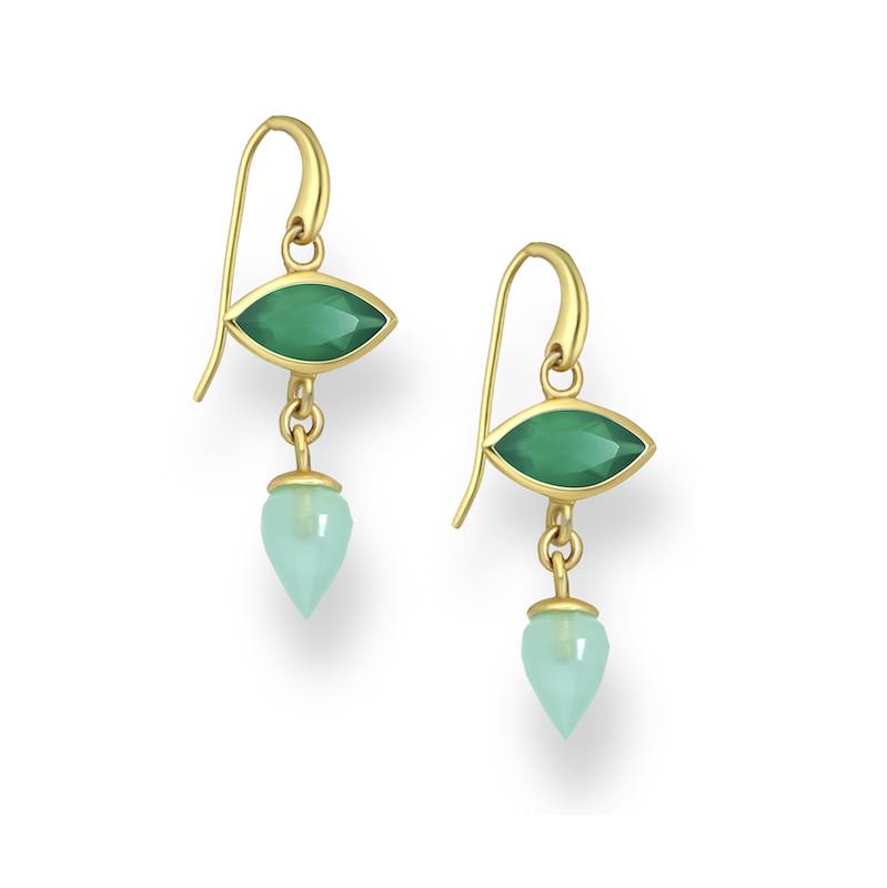 Boucles d'oreilles pendantes en argent sterling plaqué or 18 carats avec onyx vert en marquise et aigue-marine en forme de goutte- AG Sterling