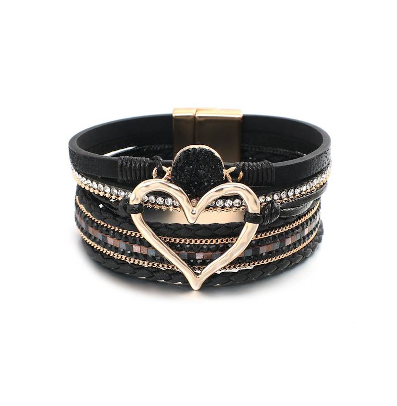 Black Faux Leather Heart Multi-strand Bracelet - Don't AsK