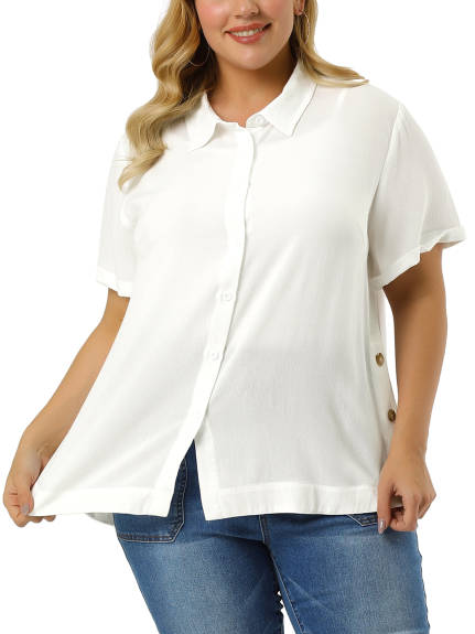 Agnes Orinda - Button Front Side Slit Roll Up Sleeve Shirts