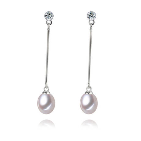 Boucles d'oreilles pendantes en perle de culture d'eau douce blanche et zircones cubiques fines en barre- Signature Pearls