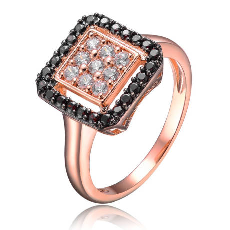 Genevive Sterling Silver 18k Rose Gold Plated with Black and Clear Cubic Zirconia Pave Ring