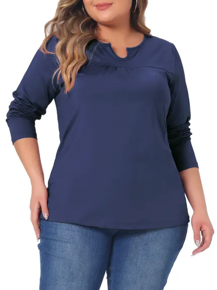 Agnes Orinda - Long Sleeve Notched Neck Loose Casual T-Shirt