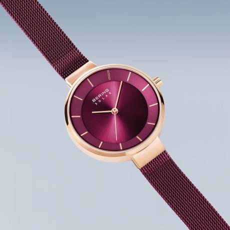 BERING - 31mm Ladies Solar Stainless Steel Watch In Rose Gold/Purple