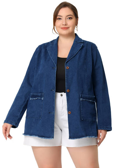 Agnes Orinda - Button Shawl Collar Denim Blazers Jacket