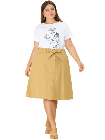 Agnes Orinda - Tie Waist A Line Midi Denim Skirt with Pockets