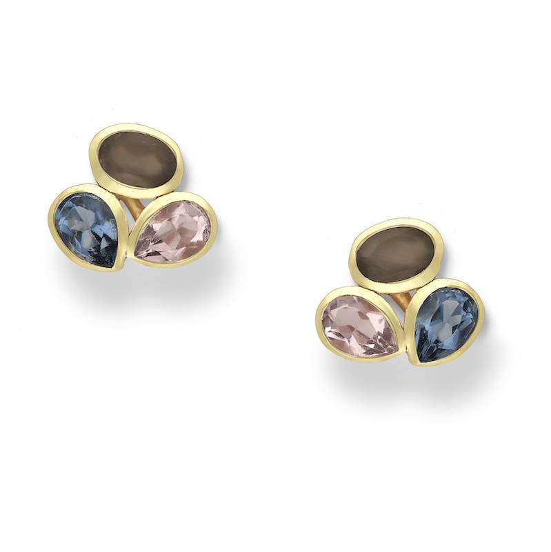 Boucles d'oreilles clous en argent sterling plaqué or 18 carats avec pierres précieuses rose, bleue et brune en forme de goutte en grappe- AG Sterling