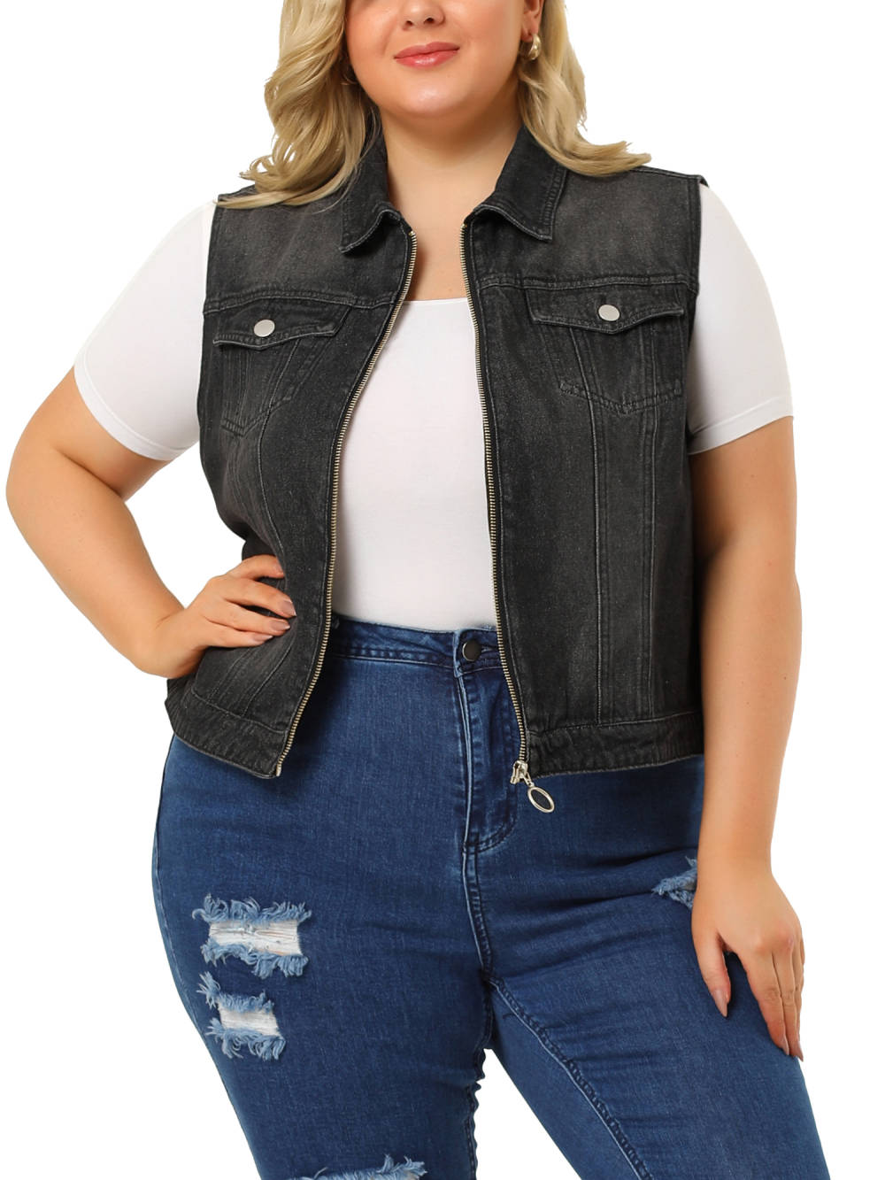 Agnes Orinda Zip Up Sleeveless Denim Vest Jacket Penningtons