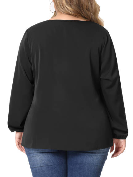 Agnes Orinda - V Neck Lace Panel Long Sleeve Casual Shirts Tops