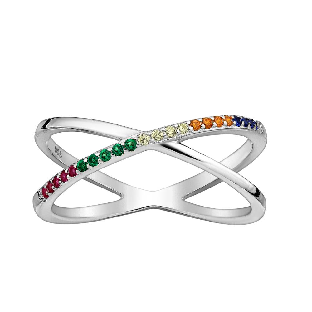 Sterling Silver & Multi Colored CZ X Crossover Ring - Ag Sterling