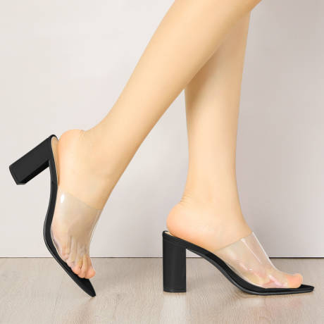 Allegra K - Clear Strap Point Toe High Block Heel Slides